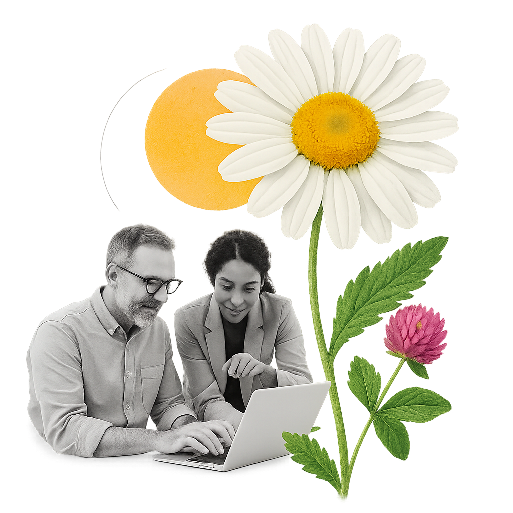 Collage of people collaborating surrounded by nature, flowers, and a dove