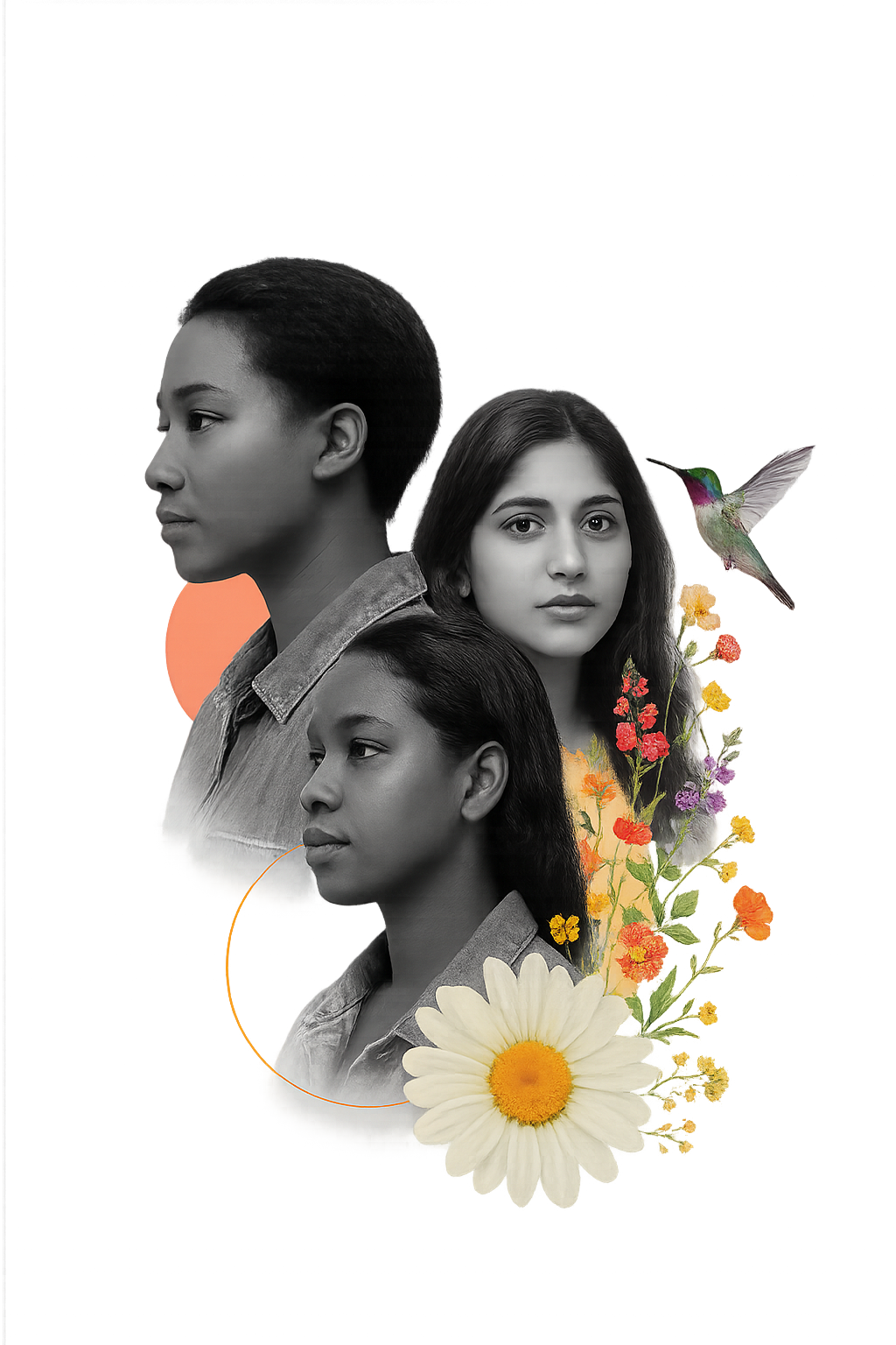 Collage of diverse young people surrounded by nature, communication symbols, and flowers